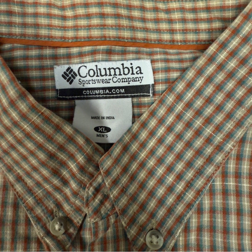 Columbia Men's Casual Plaid Shirt - Khaki Green and Orange Long Sleeve / Xl
